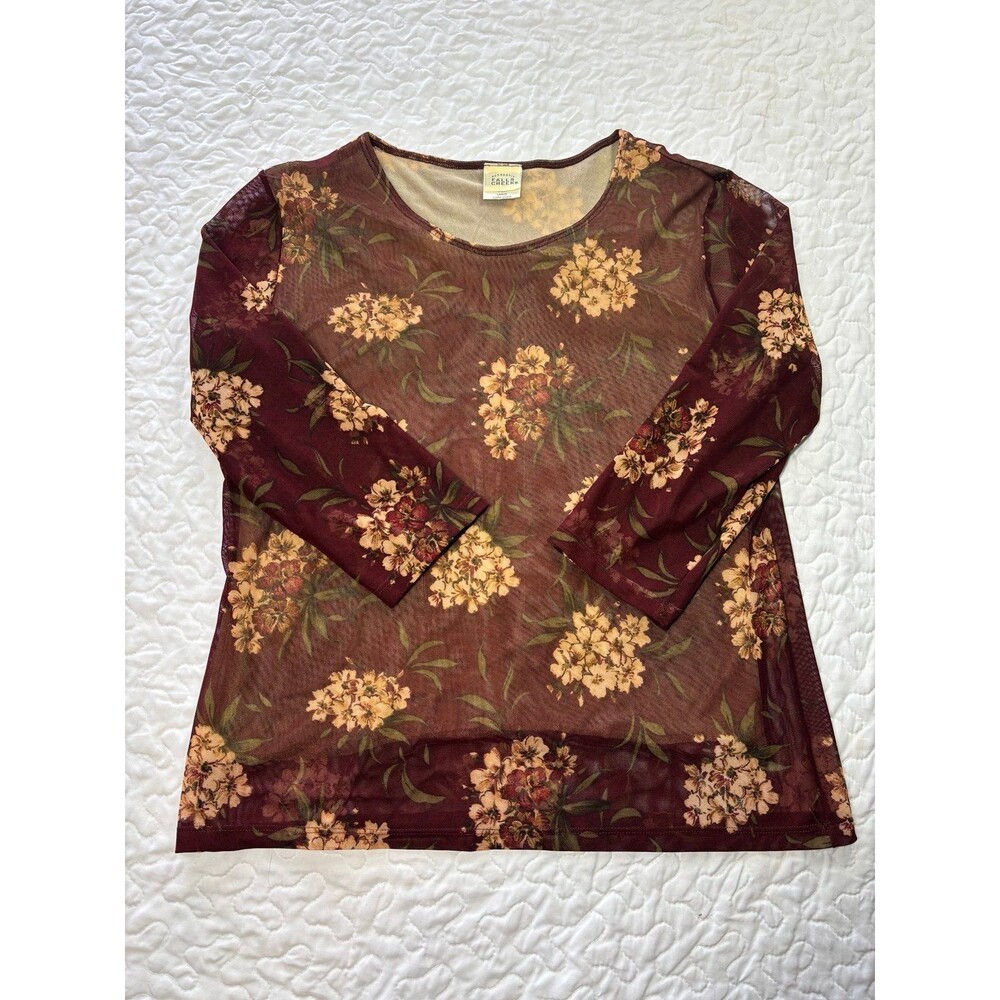 Falls Creek Maroon Sheer Floral Print Crop Sleeve Blouse size large